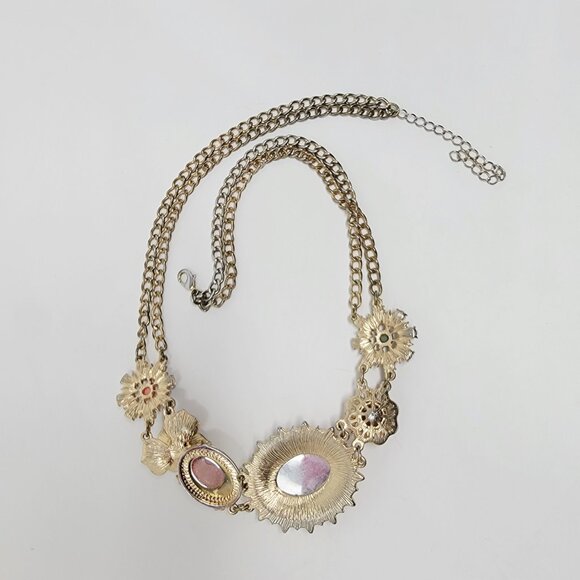 Estate Gold Tone Floral Statement Necklace Cabochon Rhinestone 19.5” Adjustable - Picture 2 of 5